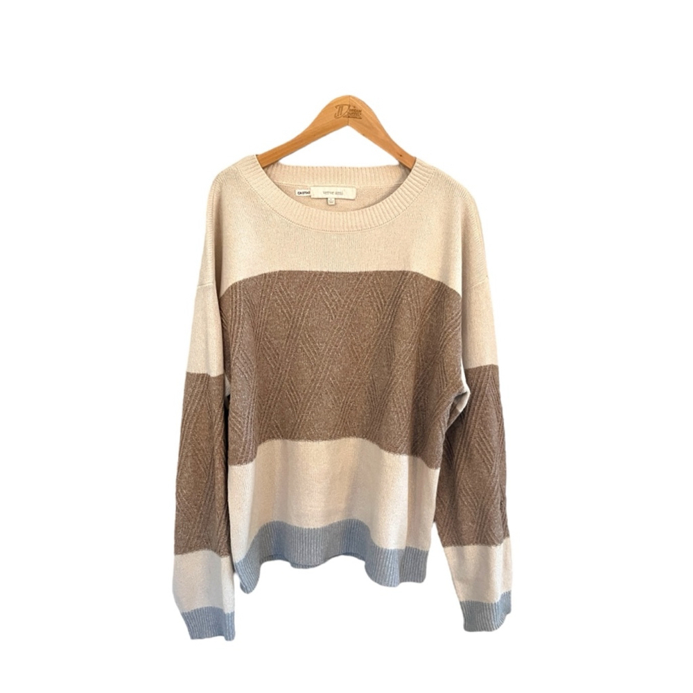 Verve Ami Striped Crew Neck Knit Sweater Beige Brown XL